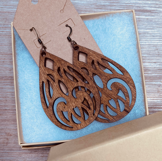 Teardrop Scroll Wood Earrings
