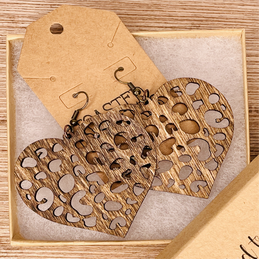 Cheetah Heart Wood Earrings