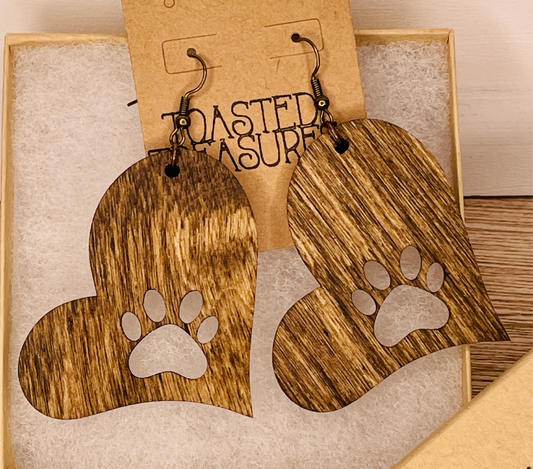Paw Heart Wood Earrings