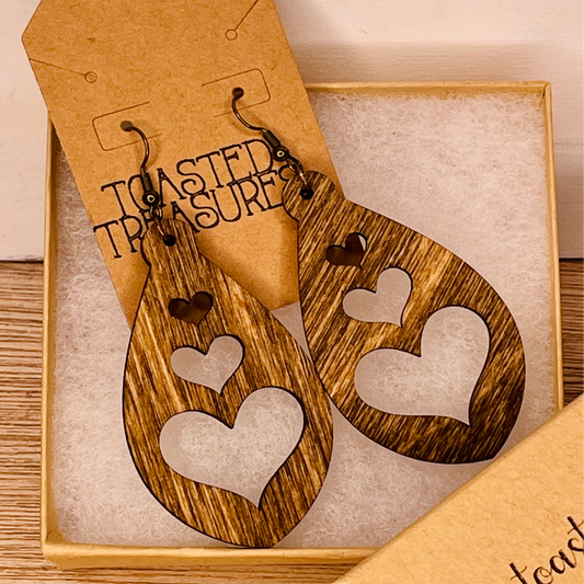 Triple Heart Wood Earrings